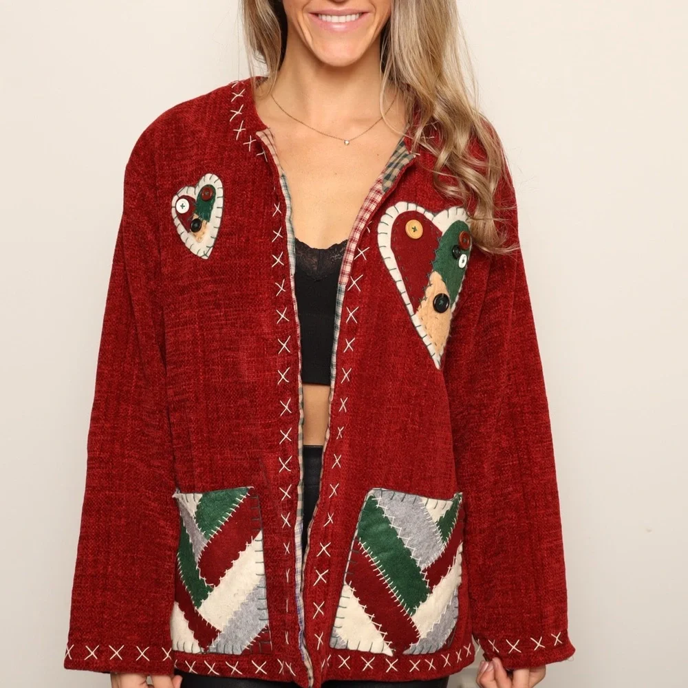 FOR BROOKE! VTGRed Patchwork Open Front Coat with Heart Accents and Deep Pockets - Picture 2 of 6